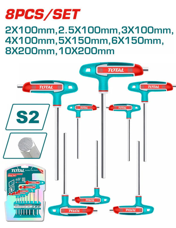 TOTAL THHW80816 8pc T-Handle Hex Allen Wrench Set S2 Steel Total
